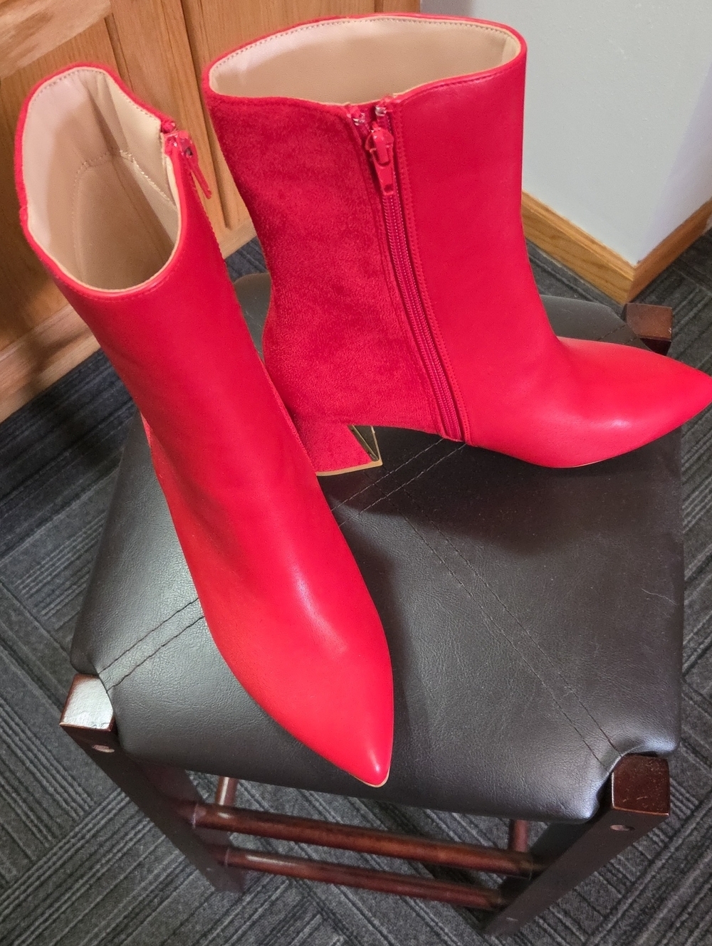 Red Pointed Toe Ankle Booties with Side Zip